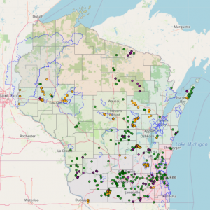 Map of Wisconsin showing 2021 WAV stream monitoring sites