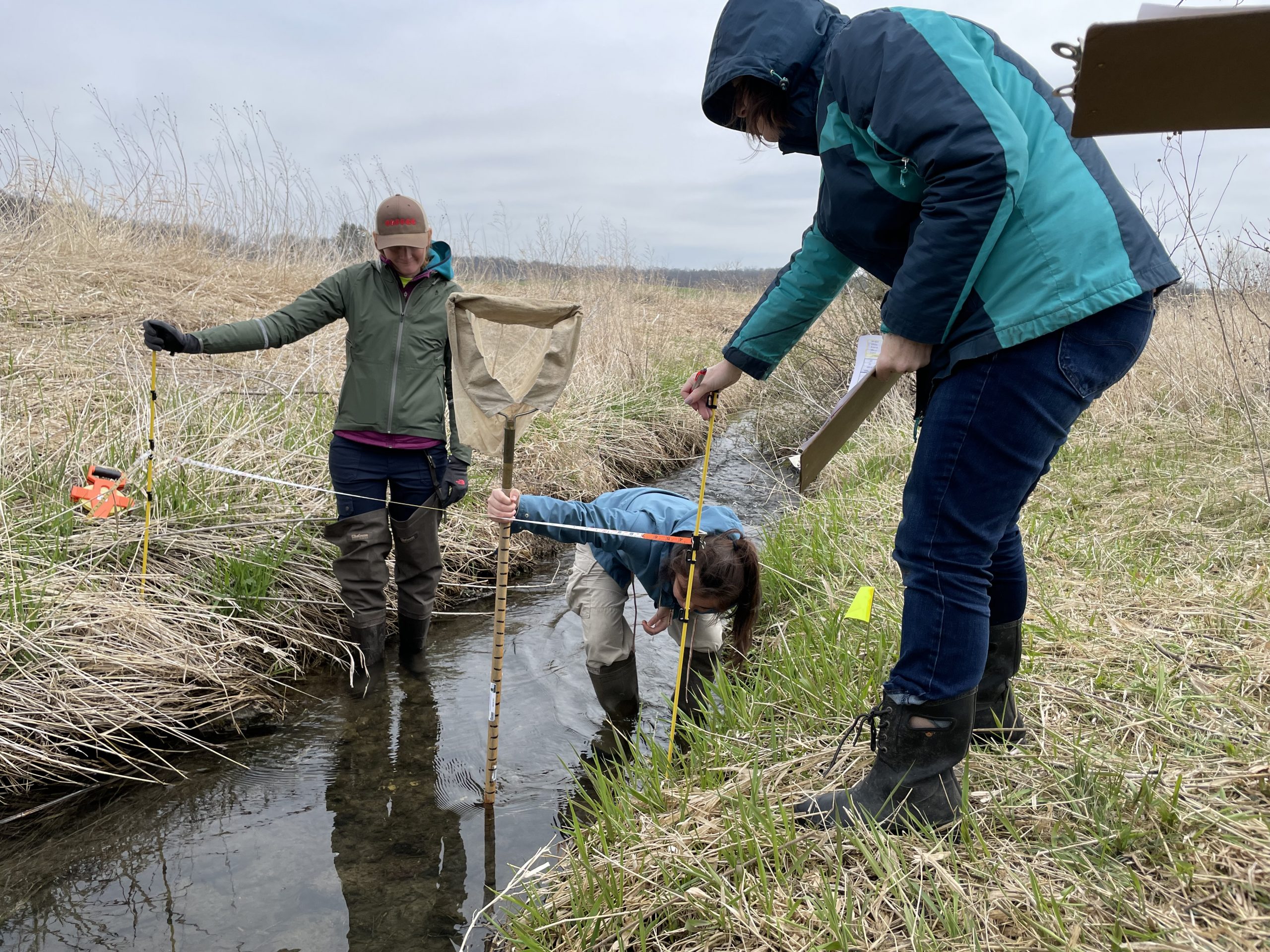Volunteers measure s the depth of a small stream