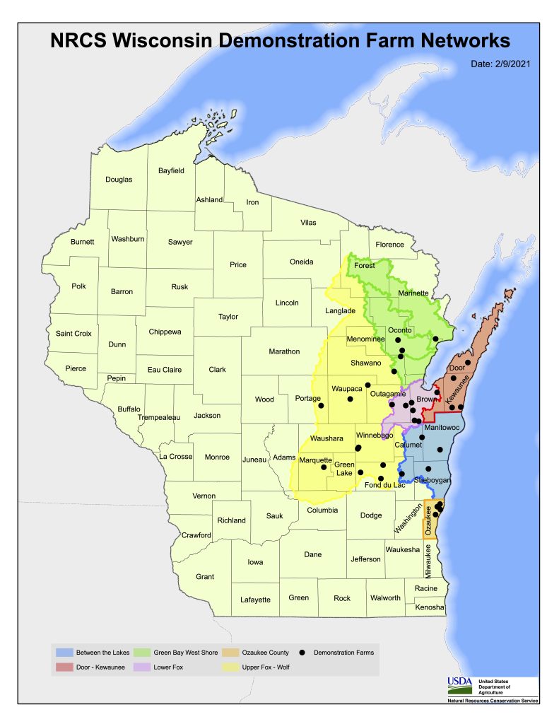 A map of Wisconsin with six watersheds along Lake Michigan and Green Bay highlighted. Dots in the watershed indicate the location of demonstration farms.