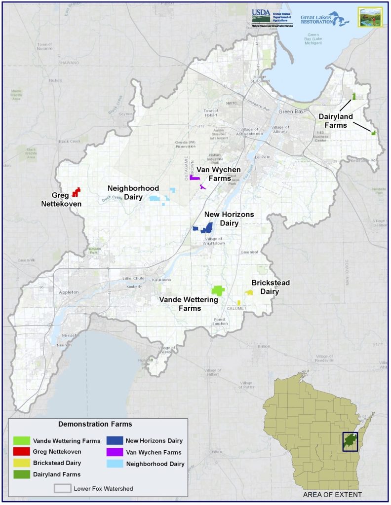 A map of the Lower Fox Watershed with seven farms highlighted.