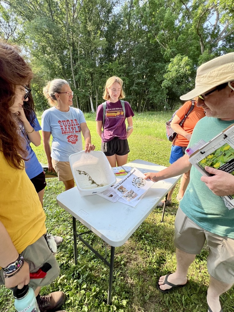 A group of volunteers stand around a table. They are outside on a sunny day. 