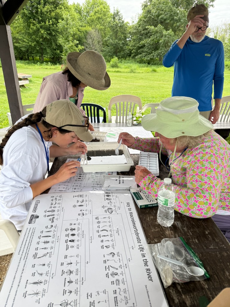 A group of people sit at a table and look for aquatic macroinvertebrates in a white tray. Laminated posters titled "Key to Macroinvertebrate Life in the River" are on the table.